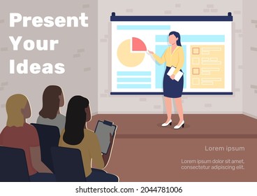 Business presentation poster flat vector template. Professional seminar. Brochure, booklet one page concept design with cartoon characters. Present your ideas flyer, leaflet with copy space