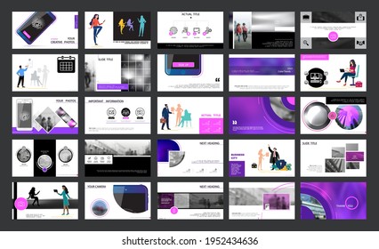 Business Presentation, Powerpoint, Cellphone Photo. Information Infographic Design Template, Violet Elements, White Background, Set. Team Of People Creates A Technology, Teamwork. Work. Mobile App