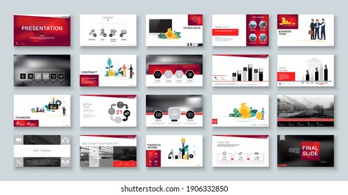 Business presentation, Powerpoint infographic design template, red black elements, white background set. New technology. Team of people creates a business, teamwork. Financial work. Use of flyers, SEO