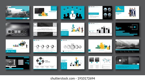 Business presentation, Powerpoint infographic design template, blue black elements, white background set. New technology. Team of people creates a business, teamwork. Financial work.Use of flyers, SEO