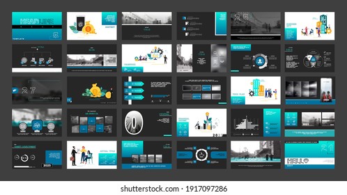 Business Presentation, Powerpoint Infographic Design Template, Green Black Elements, White Background Set. New Technology.Team Of People Creates A Business, Teamwork. Financial Work.Use Of Flyers, SEO