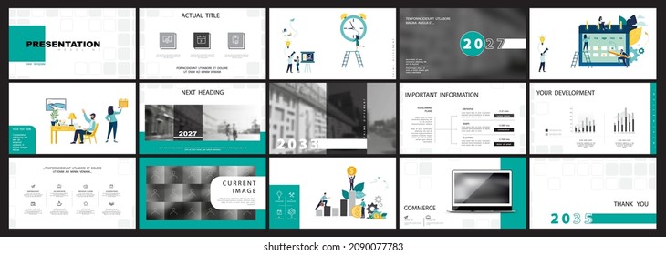 Business presentation, powerpoint, infographic design template green, elements white background set. Calendar plan 2022. A team of people creates a city business. Financial work in a team.Use of flyer