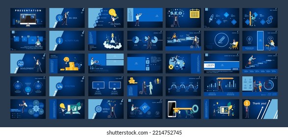 Business presentation, Powerpoint infographic design template, blue elements, blue background set. Launch of new technologies. Team of people creates a business, teamwork. Financial work.Use of flyers