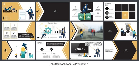 Business presentation, powerpoint, infographic design template with yellow, black elements, white background. Start a business. A team of people creates a business. Financial work. Use of flyers, job