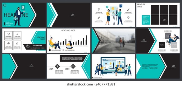 Business presentation, powerpoint, infographic design template with green, black elements, white background.Start a business.A team of people creates 