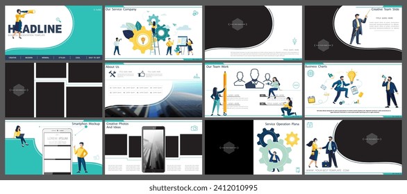 Business presentation, powerpoint, infographic design template with green, black elements, white background. Start a business. A team of people creates a business. Financial work. Use of flyers, job