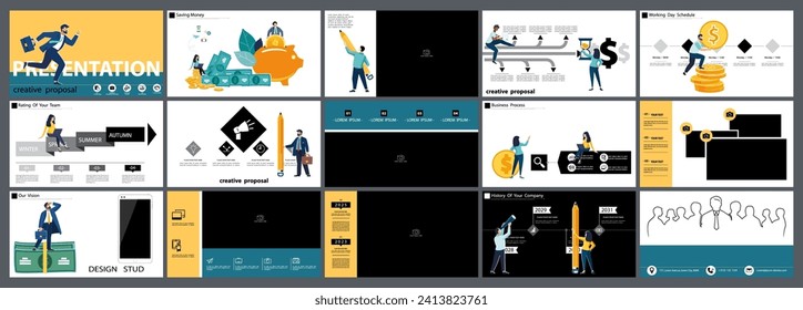 Business presentation, powerpoint, infographic design template with green, black elements, white background. Start a business. A team of people creates a business. Financial work. Use of flyers, job