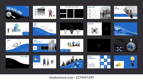 Business presentation, powerpoint, infographic design template, blue black elements, white background set. New technology. Team of people creates a business. Financial work. Use of flyers, document
