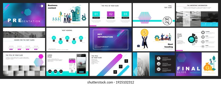 Business presentation, powerpoint, infographic gradient design template, elements, white background set. A team of people creates a business, teamwork. Financial work. Using flyers, SEO, marketing
