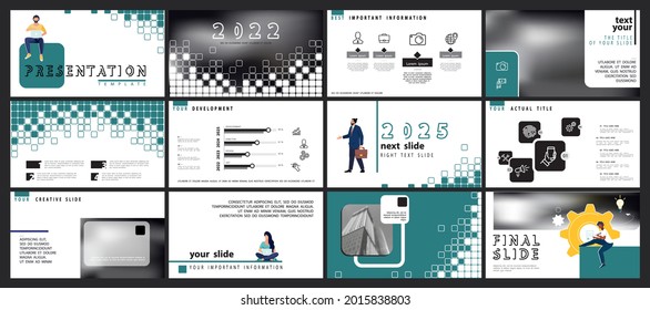 Business presentation, powerpoint,. Information infographic design template, green and black elements, white background, set. Team of people creates a business, teamwork, Work. Use in Mobile app