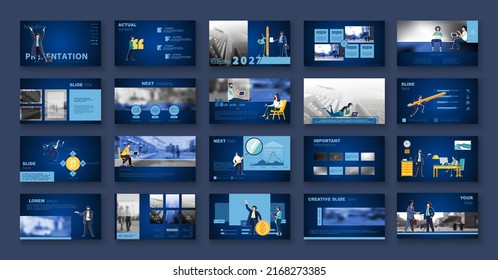 Presentación comercial, powerpoint, job a new business, informe anual financiero. Plantilla de diseño infográfico, elementos azules, fondo azul, conjunto. Un equipo de personas crea negocios, trabajo en equipo, vector
