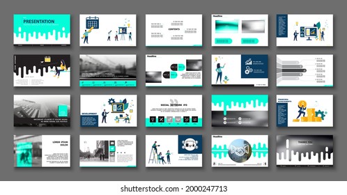 Presentación del negocio, lanzamiento del proyecto de informe financiero anual. Plantilla de diseño infográfico, verde, elementos negros, fondo blanco, conjunto. Un equipo de personas crea un negocio, trabajo en equipo.Aplicación móvil