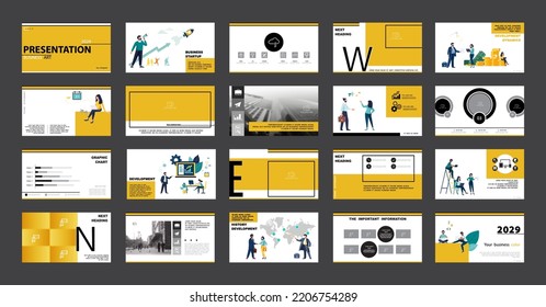 Business presentation, powerpoint, launch financial annual report project. Infographic design template, yellow, black elements, white background, set.A team of people creates a business, teamwork. app