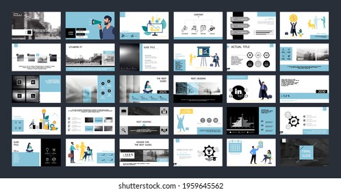 Business Presentation, Powerpoint, Launch Of A New Business Project. Infographic Design Template, Blue, Black Elements, White Background, Set. A Team Of People Creates A Business, Teamwork. Mobile App