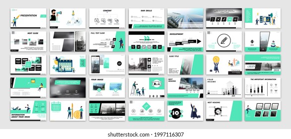 Business Presentation, Powerpoint, Launch Of A New Business Project. Infographic Design Template, Green, Black Elements, White Background, Set. A Team Of People Creates A Business, Teamwork.Mobile App