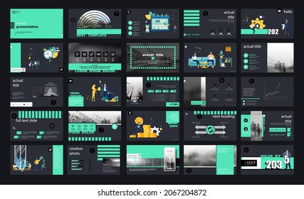 Business presentation, powerpoint, launch of a new business project. Infographic design template, green elements, black background, set. A team of people creates a business, teamwork. Mobile app