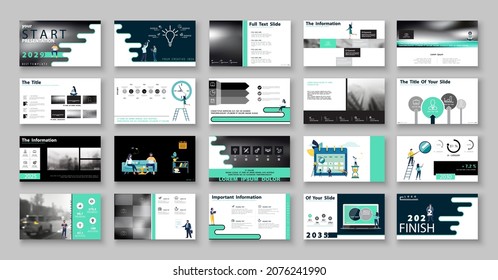Presentación empresarial, powerpoint, lanzamiento de un nuevo proyecto empresarial. Plantilla de diseño infográfico, verde, elementos negros, fondo blanco, conjunto. Un equipo de personas crea un negocio, trabajo en equipo.Aplicación móvil