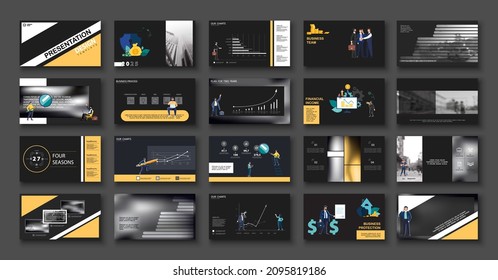 Business Presentation, Powerpoint, Launch Of A New Business Project. Infographic Design Template, Yellow, Elements, Black Background, Set. A Team Of People Creates A Business, Teamwork. Mobile App