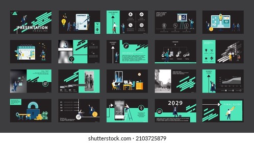 Business presentation, powerpoint, launch of a new business project. Infographic design template, green elements, black background, set. A team of people creates a business, teamwork. Mobile app, web