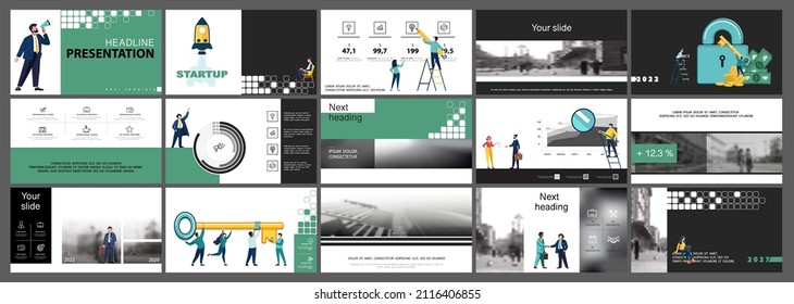 Business presentation, powerpoint, launch of a new business project. Infographic design template, green elements, black background, set. A team of people creates a business, teamwork. Mobile app, web