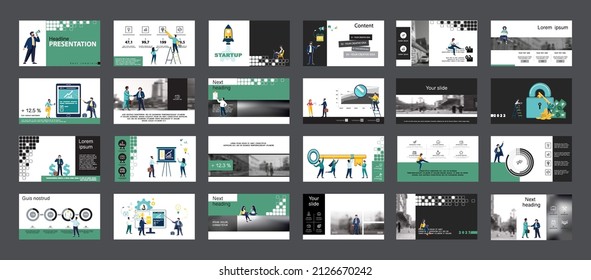 Business presentation, powerpoint, launch of a new business project. Infographic design template, green elements, white background, set. A team of people creates a business, teamwork. Mobile app, web
