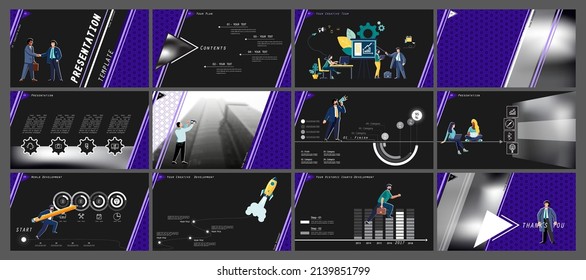 Business Presentation, Powerpoint, Launch Of A New Business Project. Infographic Design Template, Violet Elements, Black Background, Set. A Team Of People Creates A Business, Teamwork. Mobile App, Web