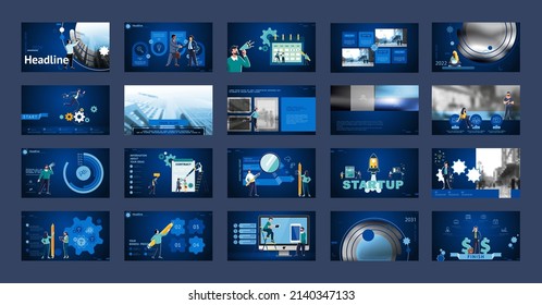 Business presentation, powerpoint, launch of a new business project. Infographic design template, blue elements, blue background, set. A team of people creates a business, teamwork. Mobile app, web