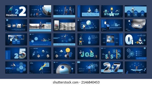 Business presentation, powerpoint, launch of a new business project. Infographic design template, blue elements, blue background, set. A team of people creates a business, teamwork. Mobile app, web