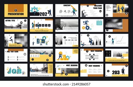 Presentación empresarial, powerpoint, lanzamiento de un nuevo proyecto empresarial. Plantilla de diseño infográfico, elementos amarillos, fondo negro, conjunto. Un equipo de personas crea un negocio, trabajo en equipo. Aplicación móvil, web