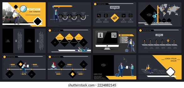 Business presentation, powerpoint, launch of a new business project.Infographic design template, yellow design, elements, black background, set.A team of people creates a business, teamwork.Mobile app