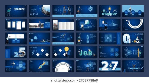 Business presentation, powerpoint, launch of new business project. Infographic design template, blue elements, blue background, set. Team of people create business, teamwork, app. Vector illustration