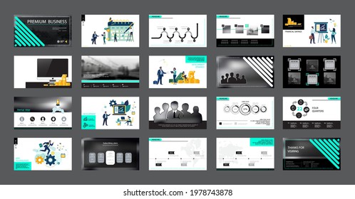 Business presentation, powerpoint new technologies. Information infographic design template, green, black elements, white background, set. Team of people creates a business, teamwork, Work. Mobile app