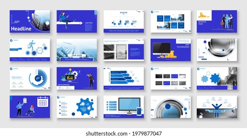 Business presentation, powerpoint, new technologies. Information infographic design template, blue elements, blue background, set. Team of people creates a technology, teamwork. Work. Mobile app
