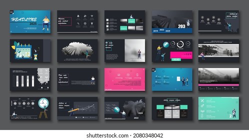 Business presentation, powerpoint, start, infographic design template with colorful elements, black background. A team of people creates a city business. Financial work in a team. Use of flyers, photo