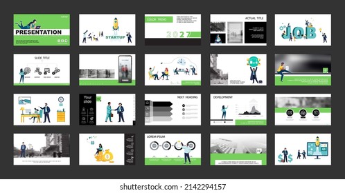 Business presentation, powerpoint, startup of a new business project. Infographic design template, green elements, black background, set. A team of people creates a business, teamwork. Mobile app, web