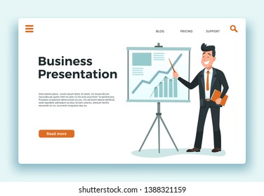 Business presentation. Presenter businessman, growing schedule chart and happy worker landing page cartoon vector illustration