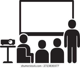Presentación de negocios con Vector de icono de proyector. Silueta de una audiencia mirando una pantalla Grande mientras un altavoz se para cerca. Seminario, cine y taller multimedia símbolo.