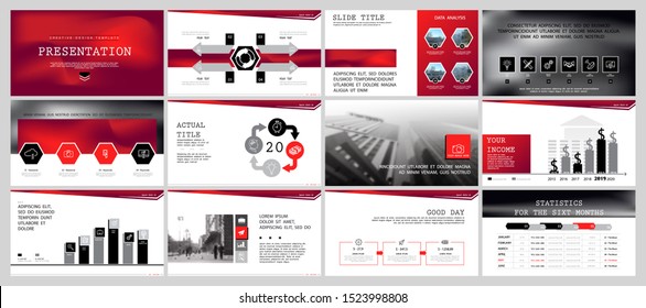 Business presentation red, and black infographic elements on white background. City buildings, offices. Vector slide, business project presentation and marketing, monitor computer, flyers and leaflets