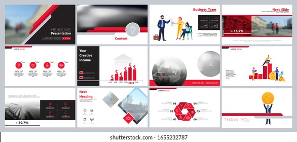 Business presentation red, infographic elements design template on white background. Teamwork of people in the city, businessman. Use in presentations, flyers, corporate report, marketing, banner