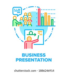 Concepto de icono de vectores de sala de presentaciones empresariales. Empresario Presentando La Planificación Del Trabajo Y El Proceso De Trabajo Para Aumentar Los Beneficios, Reuniones Empresariales O Formación De Empleados Ilustración De Color