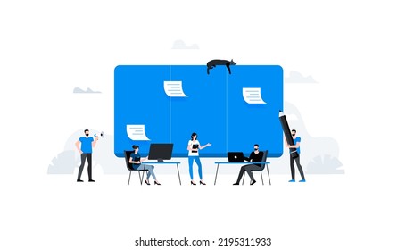 Business presentation. Schedule on desk and group of people. Flat vector illustration. Animation ready duik friendly.