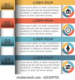 Business presentation scheme, red, blue and yellow diagrams, icons. Abstract info-graphic template with four positions.