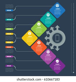 Business presentation with seven options. Vector dynamic infographics of technology or education process. Part of the report with simple geometric elements. Web Template of a info chart or diagram.