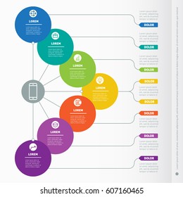 Business presentation with seven options. Web Template of a chart, mindmap or diagram. Vector dynamic infographics of technology or education process. Part of the report with simple geometric elements