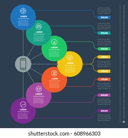 Business presentation with seven options. Web Template of a info chart, mind map or diagram. Vector dynamic infographics of technology or education process. Part of the report with simple elements.