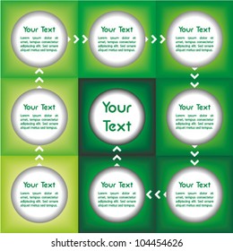 Business presentation with shades of green and with fields connected by arrows for Your custom text