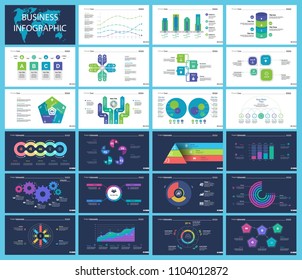 Business presentation slide template design set can be used for workflow layout, annual report, web design. Management concept. Line chart, bar graph, option chart, process chart, flowchart