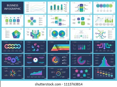 Business presentation slide template design set can be used for workflow layout, annual report, web design. Management concept. Line chart, bar graph, option chart, process chart, flowchart