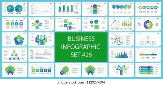 Business presentation slide template design set can be used for workflow layout, annual report, web design. Management concept. Line chart, bar graph, option chart, process chart, flowchart