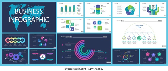 Business presentation slide template design set can be used for workflow layout, annual report, web design. Management concept. Line chart, bar graph, option chart, process chart, flowchart